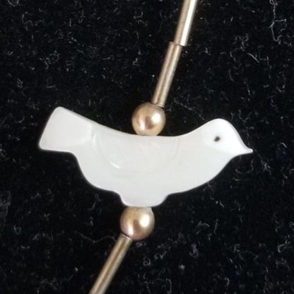 1970s Bird Mother Of Pearl Beads Single Strand Liquid Silver Bead Necklace