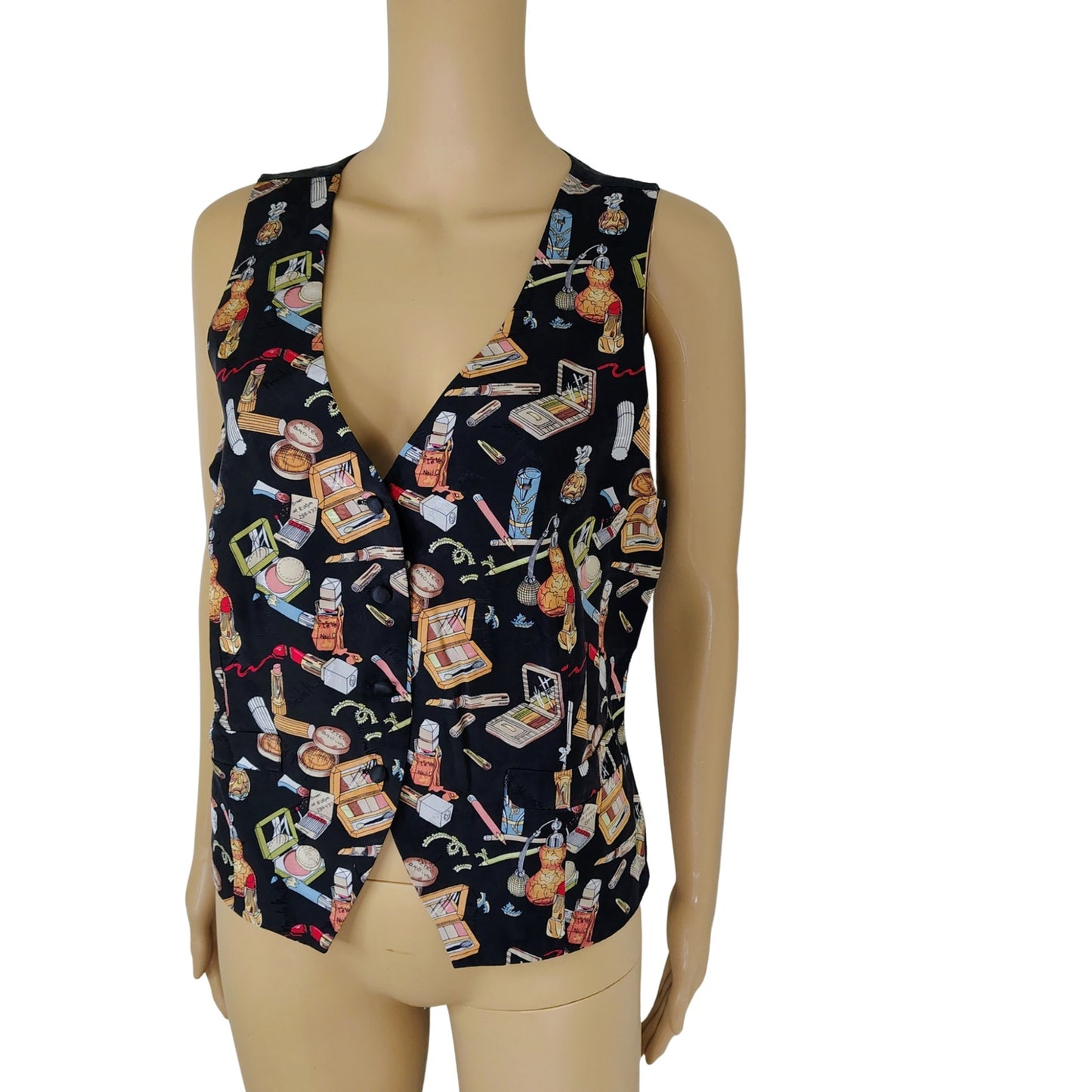 90s 100% Silk Nicole Miller Quirky Makeup Design Adjustable Vest Size Large [Vintage]