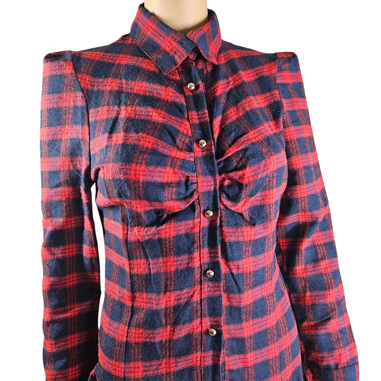 Red Blue Plaid Long Sleeve Button Up Shirt Mini Dress With Circle Skirt Size XS