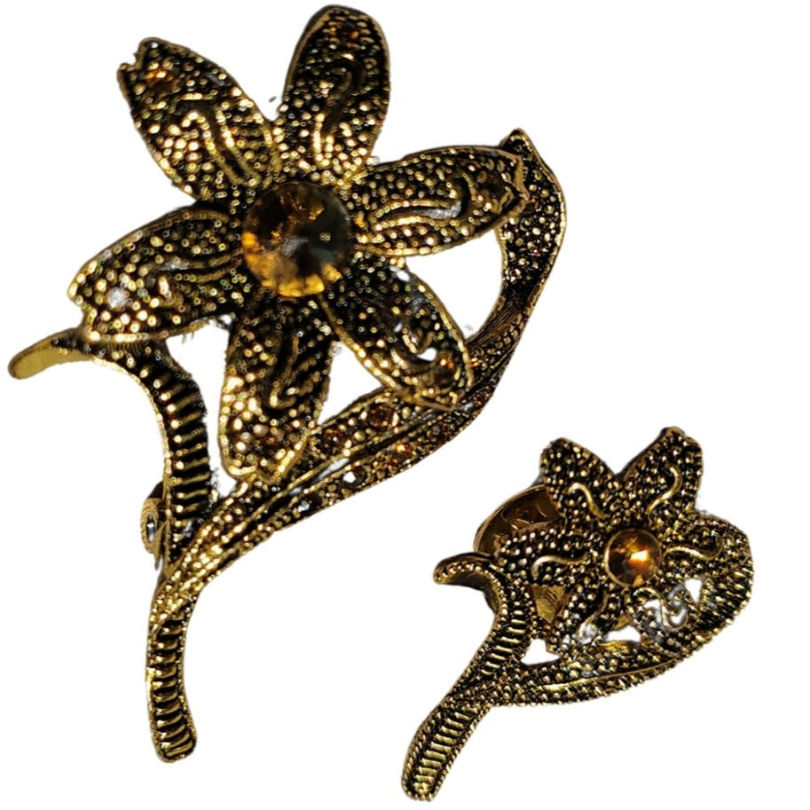 Vintage Set of Two Floral Brooch Flower Stem Pin Two Piece Set Topaz Bronze