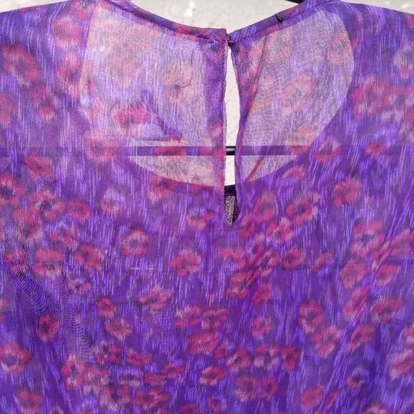 1970s Purple Sheer Leopard Print Peplum Midi Dress Long Sleeve Size 10 [Vintage]