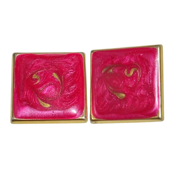 1980s Large Square Hot Pink Enamel on Gold Metal Flip Clasp Clip On Earrings