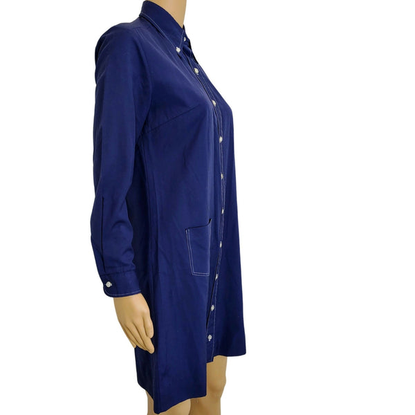 1970s Blue Button Down Shirt Dress Wing Tip Collar Seam Button Cuffed Sleeve Size Small [Vintage]