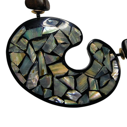 Vintage Blue Black Inlay Shell Beaded Lacquered Necklace Adjustable Chain Link