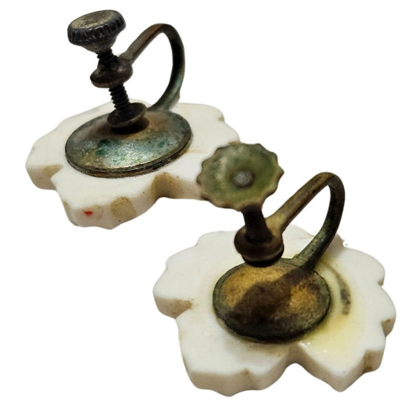 Vintage Cream Celluloid Plastic Leaf Clip On Earrings