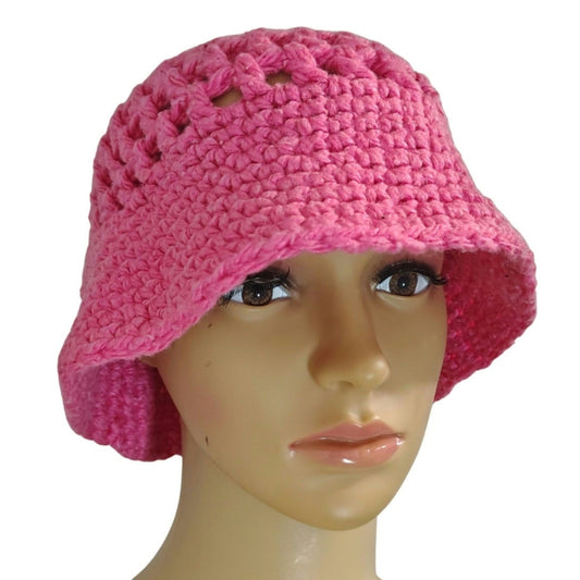 Vintage Pink Crochet Knit Bucket Hat Wide Brim Size Small