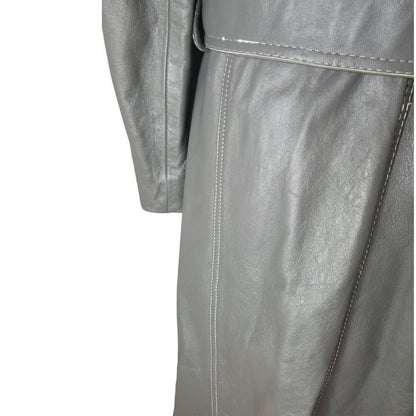 1970s Gray Belted Long Leather Trench Coat Collar Big Pockets Size Med Vintage