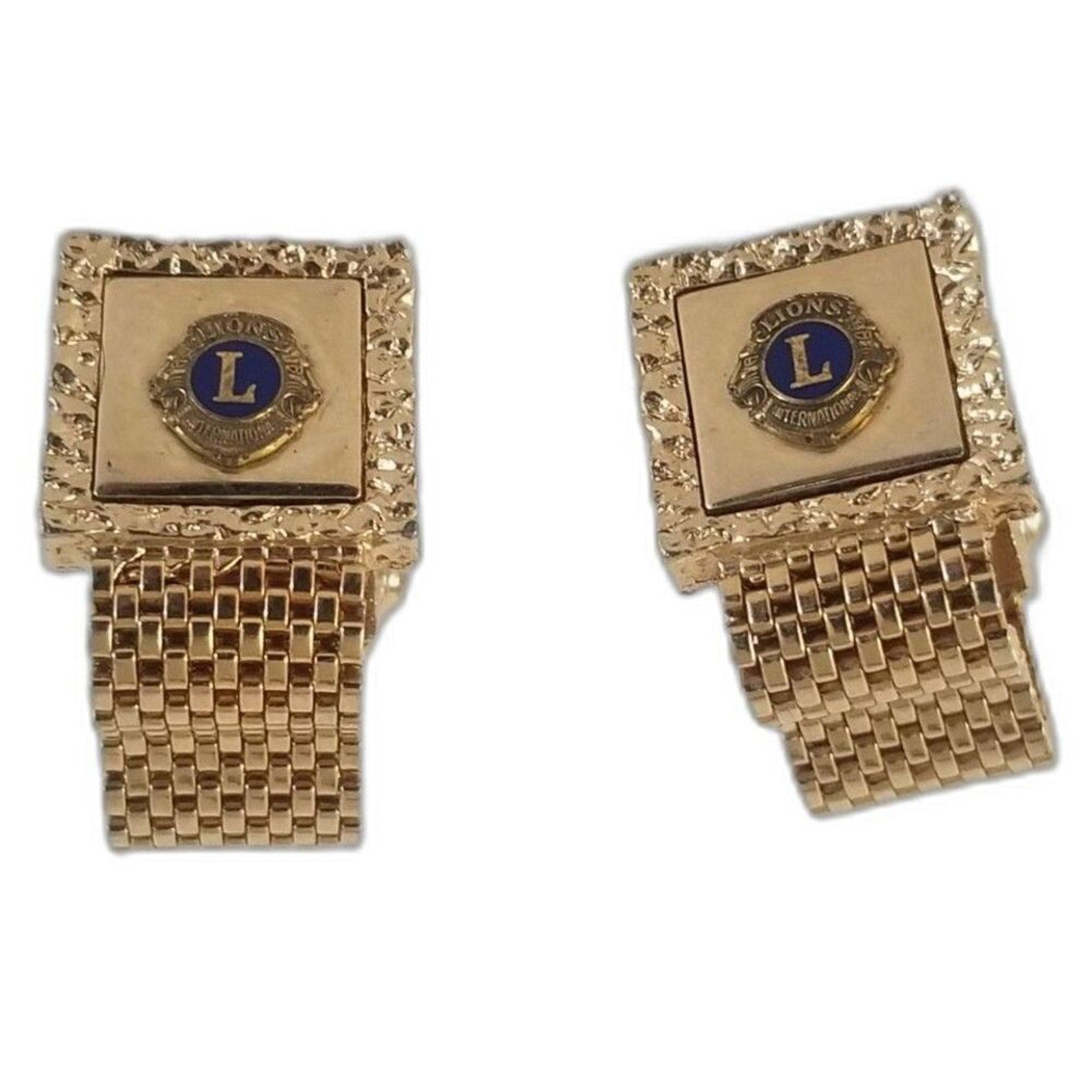 Lions International Mesh Wrap Around Gold Square Logo Cufflinks [Vintage]
