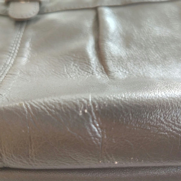 Gray Pleated Leather Vintage Shoulder Bag Two Handles Zip Top Purse 10.5" x 7.5"