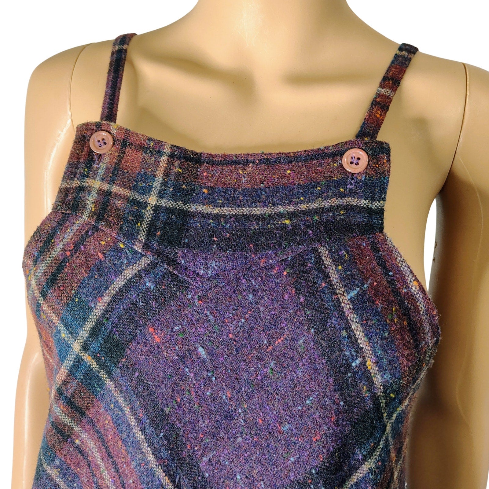 1960s Plaid Spaghetti Strap Overall Bib ALine Sheath Hidden Pockets Dress Size 5 [Vintage]