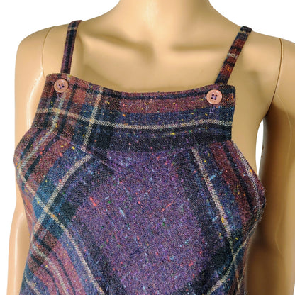 1960s Plaid Spaghetti Strap Overall Bib ALine Sheath Hidden Pockets Dress Size 5 [Vintage]