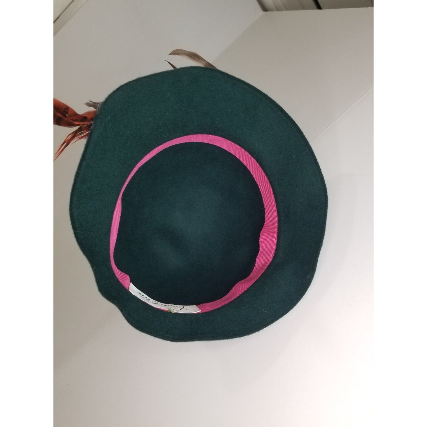 1960s Green Frank Olive Wool Hat Long Feathers Hat Band and Double Bow [VINTAGE]