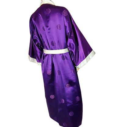 1980s Japanese Rich Royal Purple Kimono Embroidered Crane White Trim One Size [Vintage]