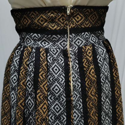 1960s High Waisted Handmade Tribal Boho Print Maxi Skirt Grommet Tie Front Size XXS [VINTAGE]