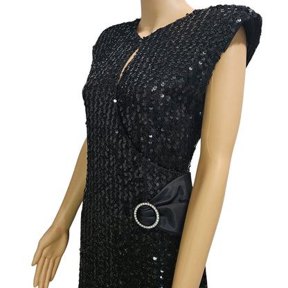 70’s 80’s Frederick’s Hollywood Black Sequin Wiggle Dress Bow Crystals Open Back