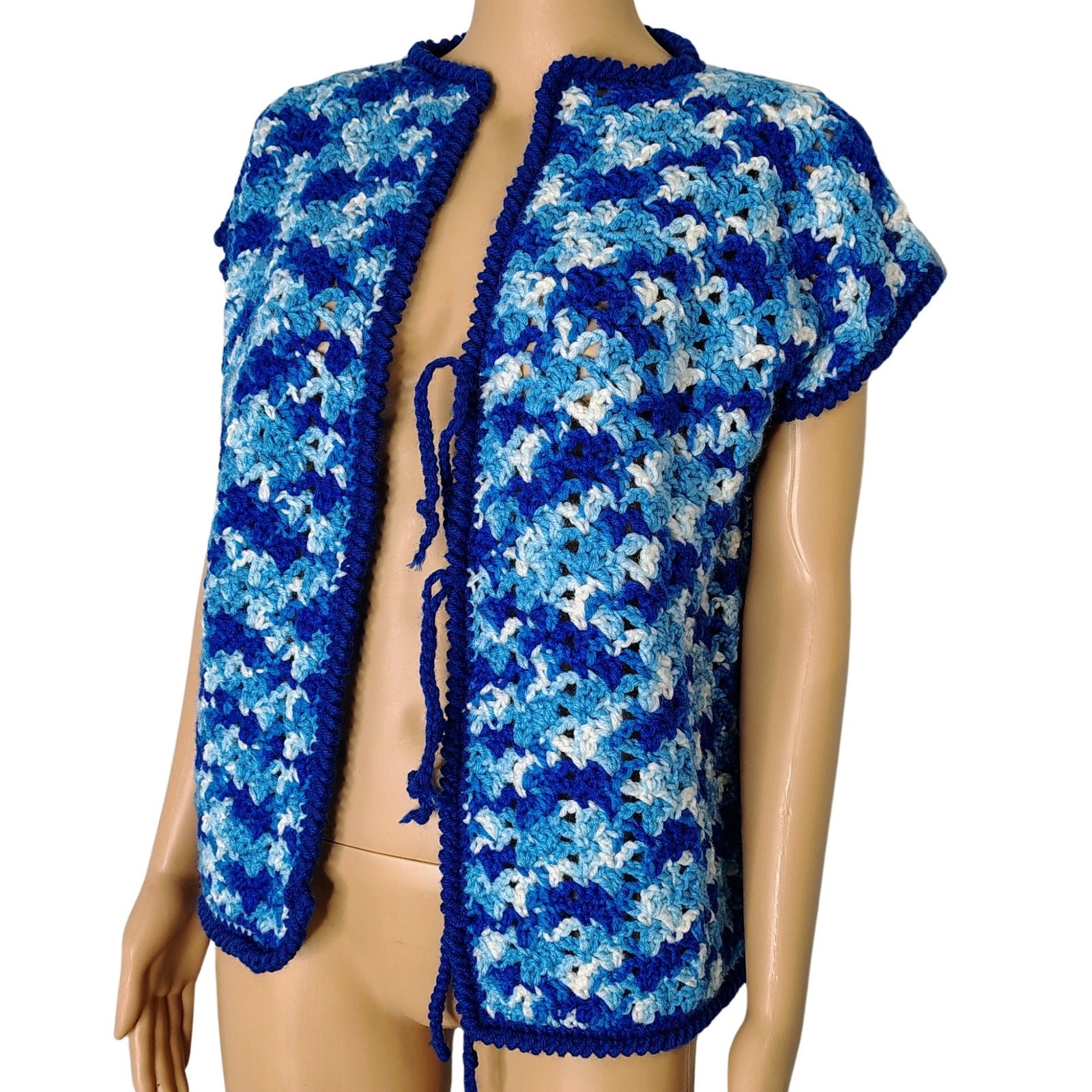 1970s Blue White Crochet Knit Cap Sleeves Tie Up Cardigan Sweater Size Large [Vintage]
