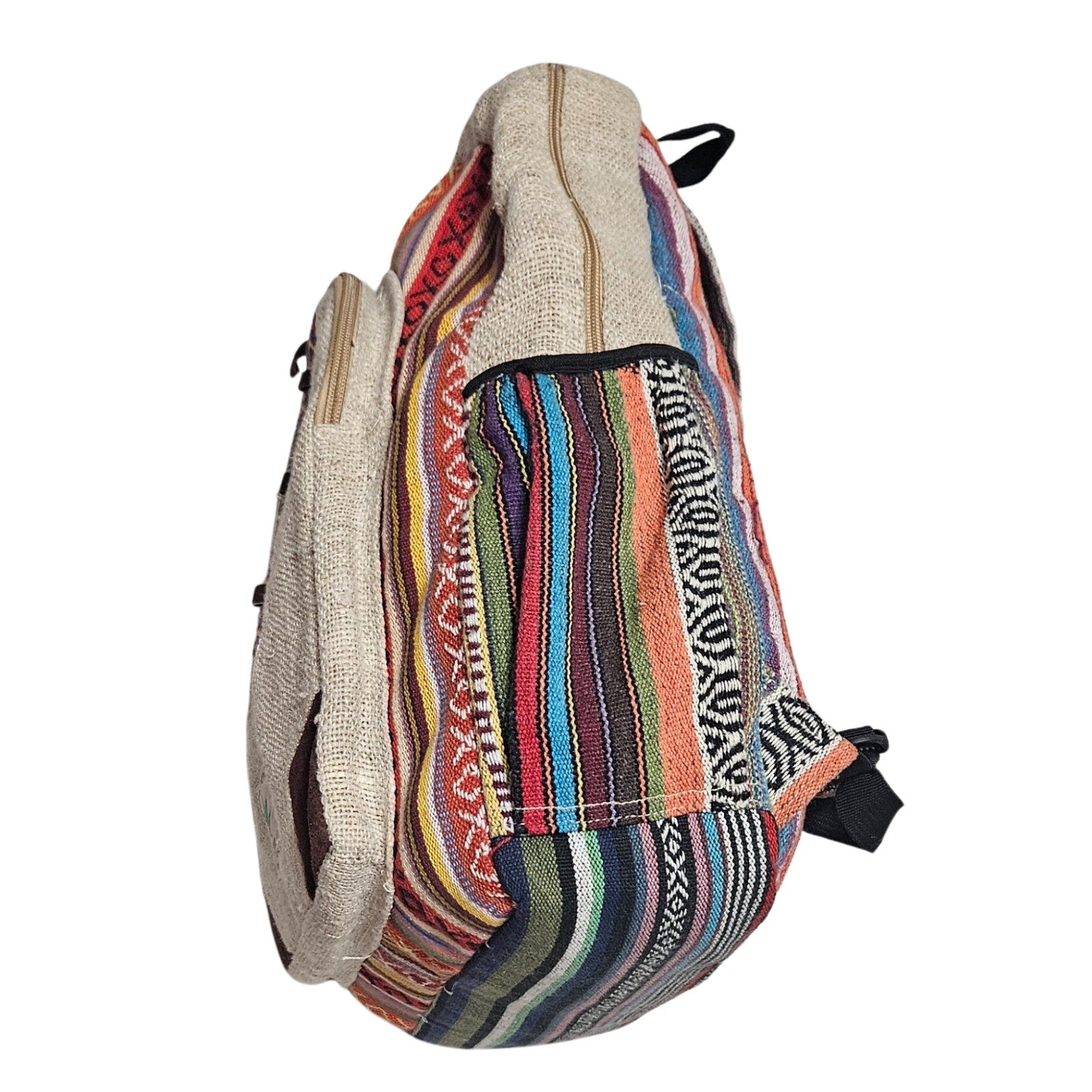 Tan Striped Handmade Pure Hemp THC FREE Laptop Holder Four Pocket Backpack