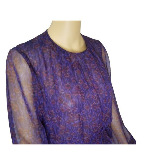1970s Purple Sheer Leopard Print Peplum Midi Dress Long Sleeve Size 10 [Vintage]