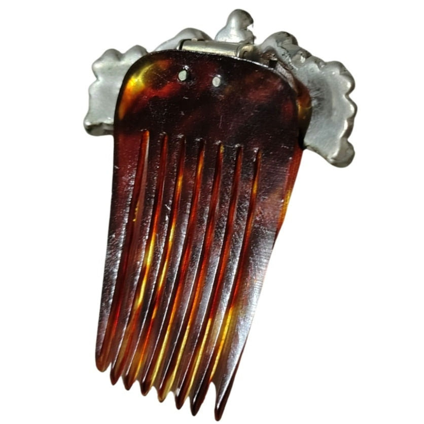 1920s Tortoise Shell Celluloid Metal Gemstone Flower Adorned Hair Comb [Vintage]