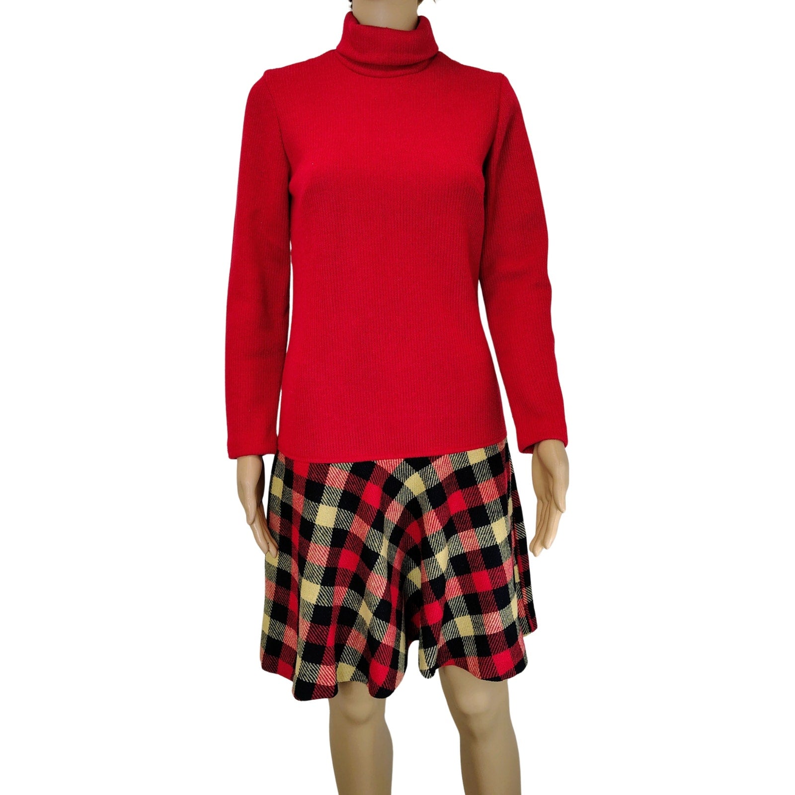 1960s Mod Wool Blend Drop Waist Plaid Skirt Dress Belted Long Sleeve Size 8 Regular [Vintage]