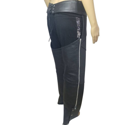 Mens Black Leather Chaps Tie Back Snap Ankle HARLEY DAVIDSON Made USA Size Small [Vintage]