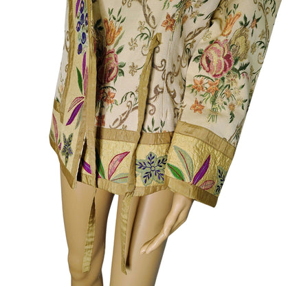 Metallic Thread Custom Beige Quilt Patchwork Floral Kimono Embroidered Size Small