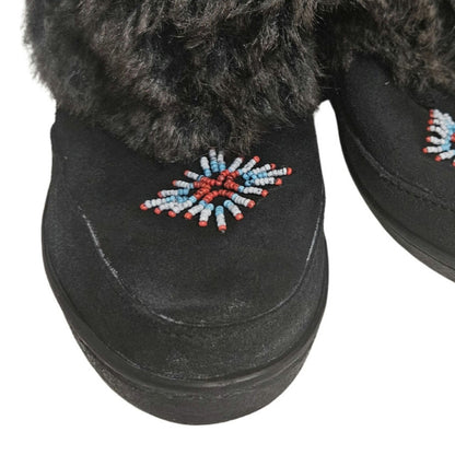 Minnetonka Mukluk Bead Detail Black Genuine Suede Leather Faux Fur Size 7 Womens