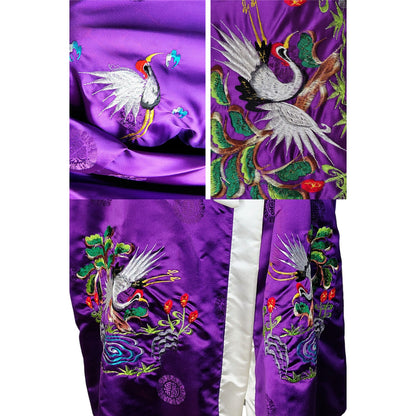 1980s Japanese Rich Royal Purple Kimono Embroidered Crane White Trim One Size [Vintage]