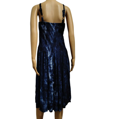 Summer Flowy Dress Blue Tye-Dye Elastic Shirred Top Uneven Hemline One Size