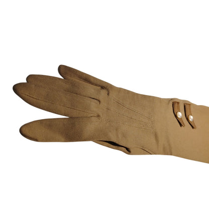 1940s Vintage Tan Fitted Evening Gloves 14" Mother of Pearl Buttons Size 6.5 GER