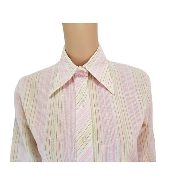 50s Vintage Wing Tip Collar Button Up Shirt Pink Cream Green Stripe Size 9/10 [Vintage]