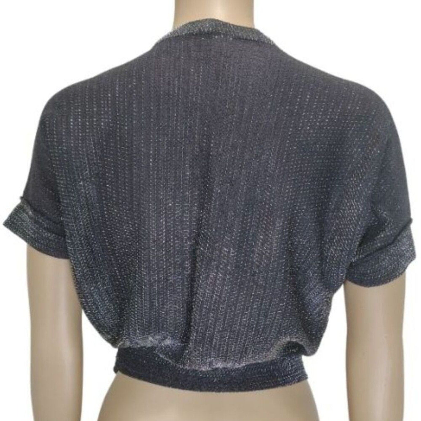 70s Cropped Black Silver Metallic Thread Short Sleeve V Neck Top Size Small [Vintage]