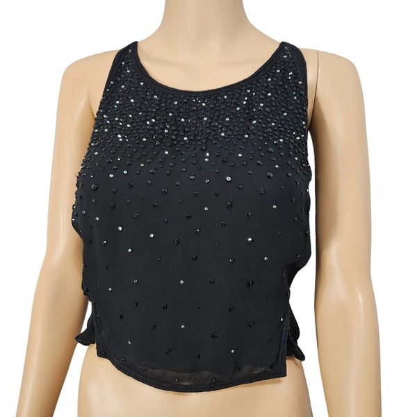 Black Sequin Crystal Beads Formal Halter Top Cropped 100% Silk Sleeveless SZ 10 [Vintage]