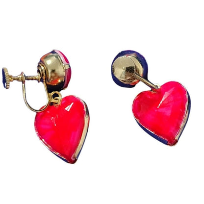Vintage Red Drop Hearts Dangling Heart Earrings Gold Wrapped Clip On Screw Clasp