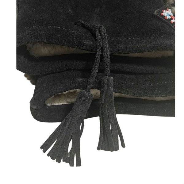 Minnetonka Mukluk Bead Detail Black Genuine Suede Leather Faux Fur Size 7 Womens