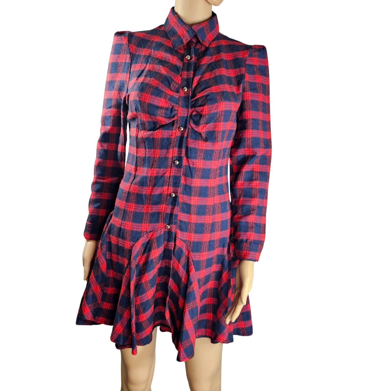 Red Blue Plaid Long Sleeve Button Up Shirt Mini Dress With Circle Skirt Size XS