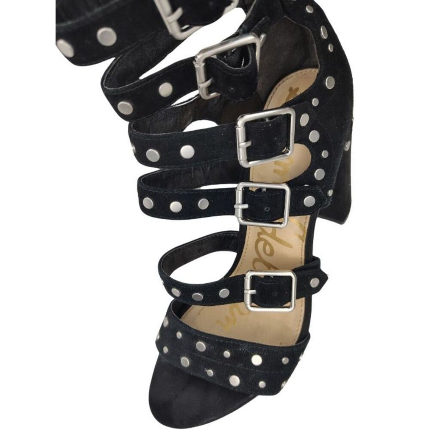 Strappy Studded Black Suede Leather Sam Edelman York Sandal High Heels Size 7