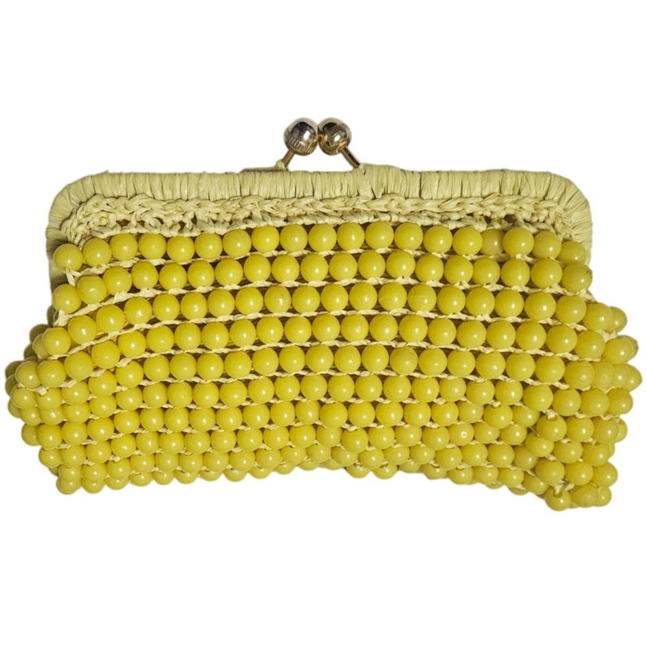 Retro Italian Made Yellow Beaded Clutch Handbag Knit Bag Raffia Purse [VINTAGE]