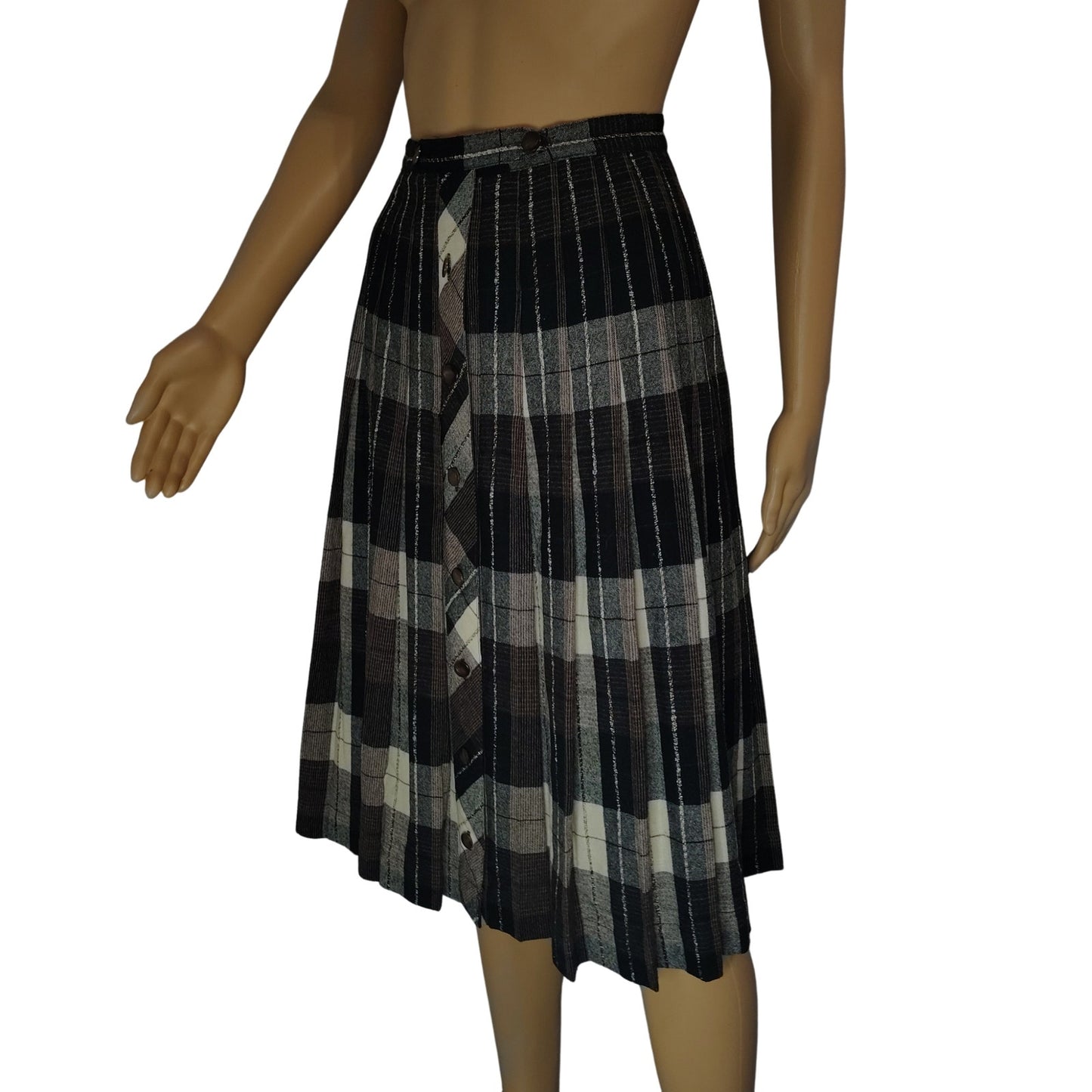 1960s Pleated Brown Plaid Reversible Button Up A Line Skirt Size XS [Vintage]