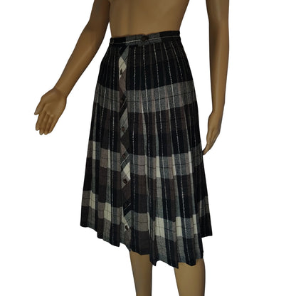1960s Pleated Brown Plaid Reversible Button Up A Line Skirt Size XS [Vintage]