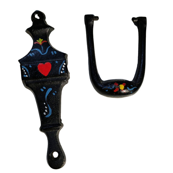 Narrow Black Hand Painted Cast Iron Amish Pennsylvania Dutch Doorknocker [Vintage}