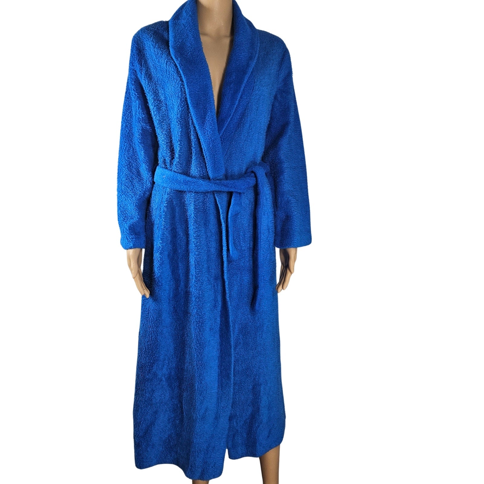 1970s Electric Blue Shaggy Full Length Robe Matching Belt Teddy Bear Fleece