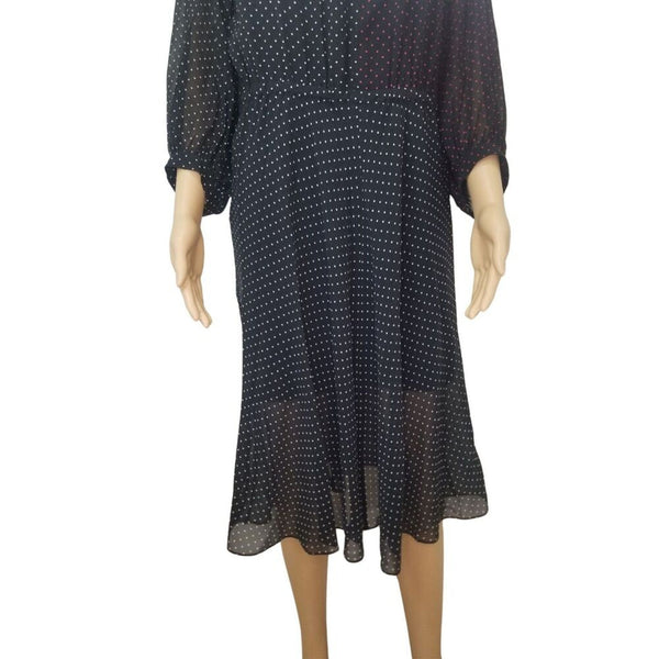 Silk Crepe Black Dots Akris Punto Slightly Sheer Midi Dress 3/4 Sleeve SZ 8