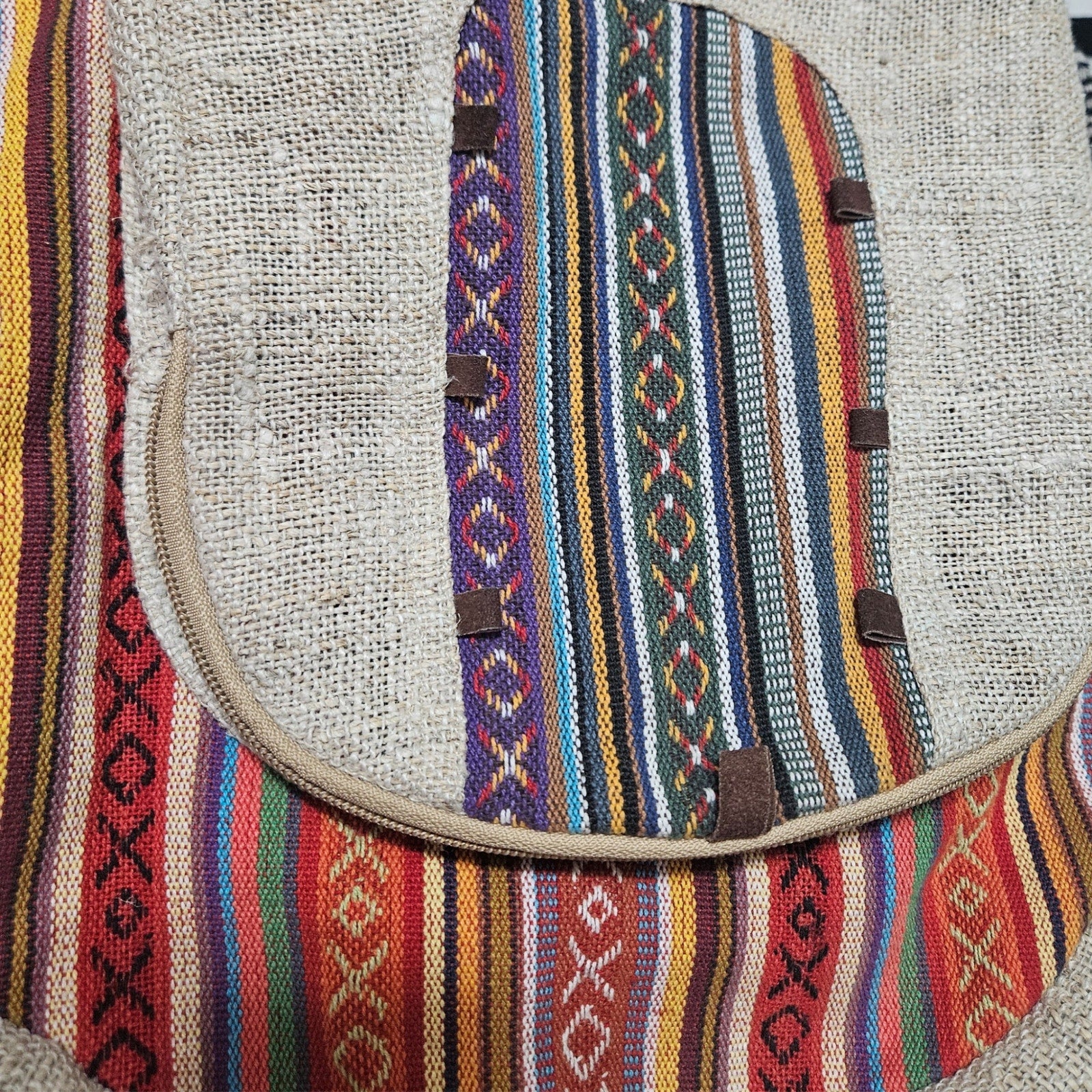 Tan Striped Handmade Pure Hemp THC FREE Laptop Holder Four Pocket Backpack