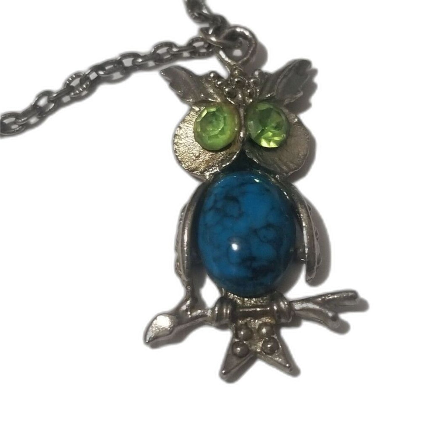 60s Vintage Turquoise Belly Green Crystal Eyes Owl Pendant Chain Link Necklace