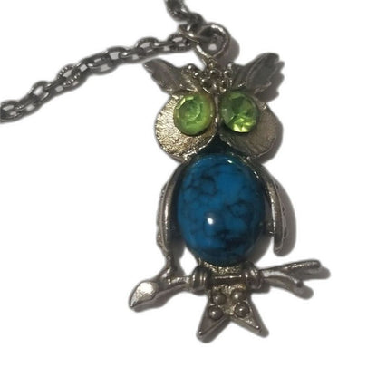 60s Vintage Turquoise Belly Green Crystal Eyes Owl Pendant Chain Link Necklace