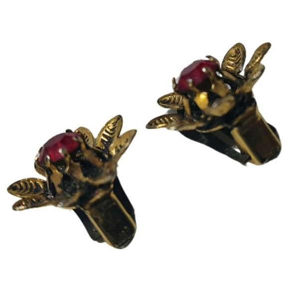 1990s Red Faceted Crystal Flower Gold Clip On Earrings Signed Austria [Vintage]