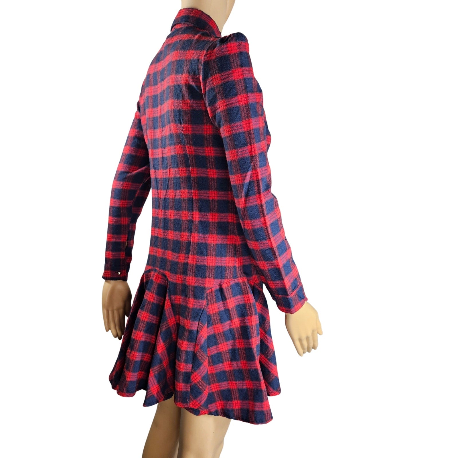 Red Blue Plaid Long Sleeve Button Up Shirt Mini Dress With Circle Skirt Size XS