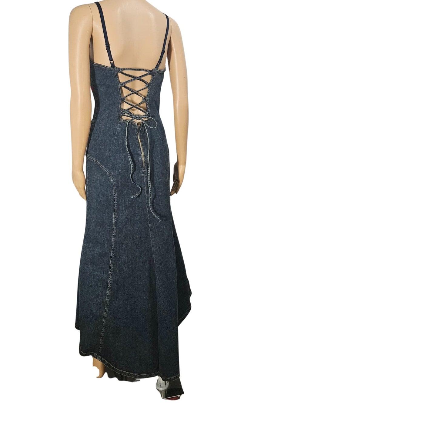 1990s Blue Stretch Denim Maxi Uneven Hemline Lace Up Back Jean Dress Size Large [Vintage]