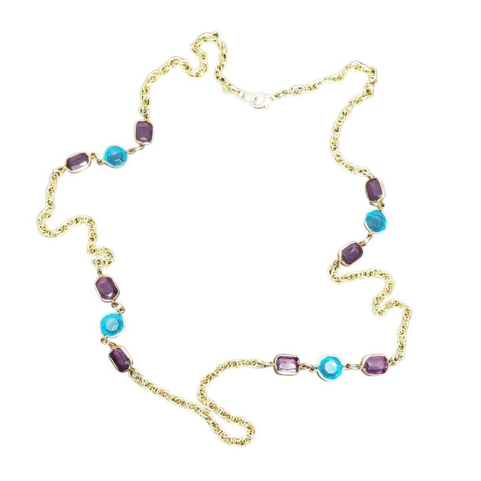Blue Purple Gold Plated Glass Beads Chain Link 30" Long Costume Jewelry [VINTAGE]